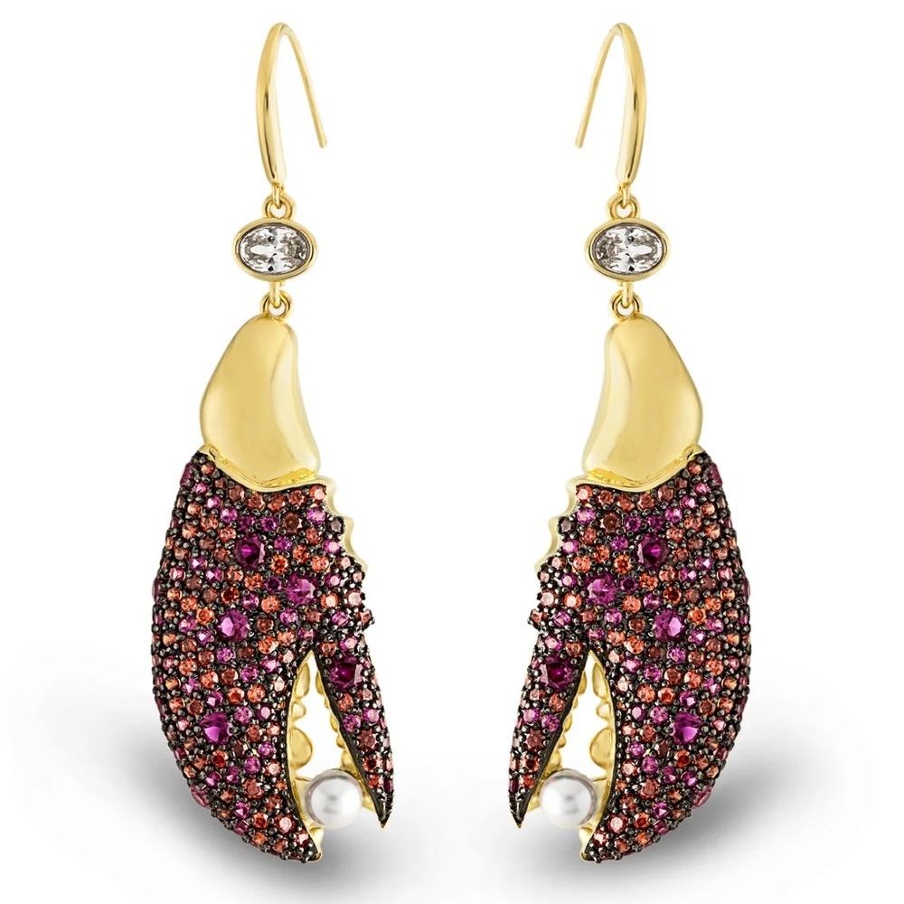 14KT Gold Plated Lobster Tortugas Claw Hook Dangling Earrings w Pearl